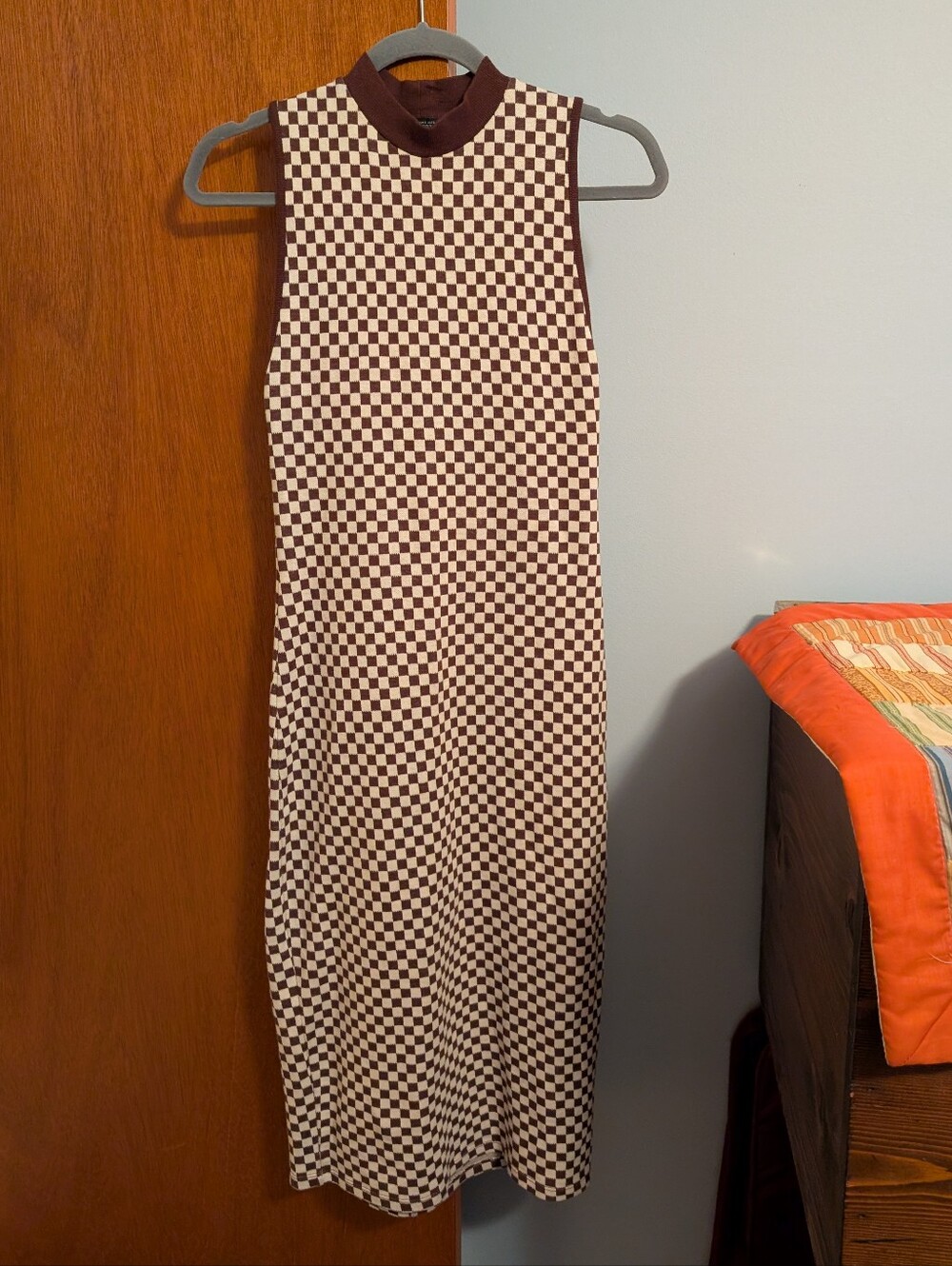 Zara Mockneck Checkerboard Sleeveless Maxi Dress - Brown and Cream Size S - Picture 5 of 5